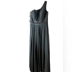 Bill Levkoff black half strapless chiffon midi dress rhinestones sz 8 gown